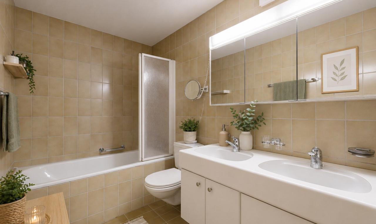 full bath with tile walls, double vanity, light tile patterned floors, and decorative backsplash