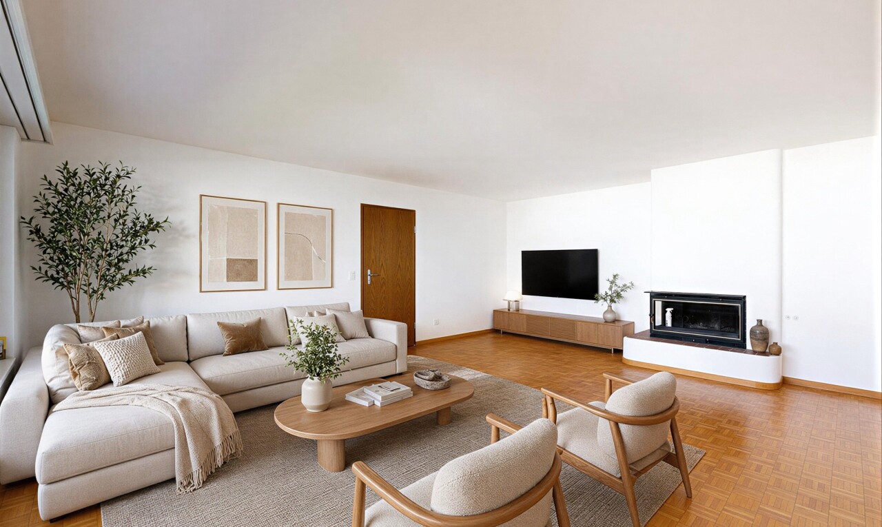living area with parquet floors and a glass covered fireplace