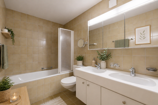 salle de bains avec mur en carrelage, tile wall, salle de bain complète, évier, et toilette