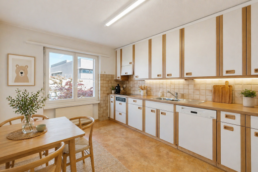 küche mit light countertops, arbeitsplatten, light floor, white cabinets, und weiße schränke