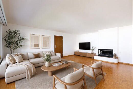 salon avec parquet floor, wood finish floor, sol en finition bois, drywall, et cloison sèche