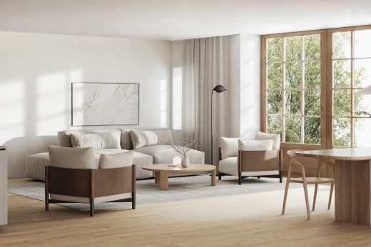 salon avec sol en finition bois, lumière naturelle, et cloison sèche