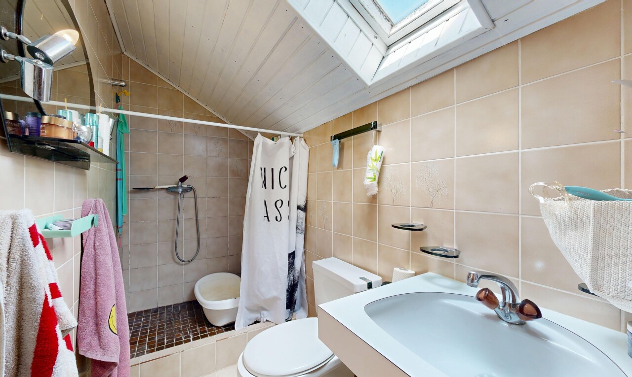 salle de bains avec douche, toilette, plafond voûté, vaulted ceiling, et puits de lumière