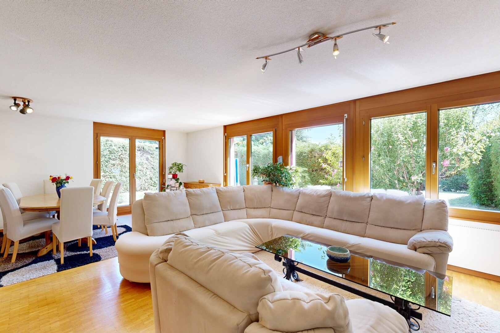 living room with track lighting and light wood-style flooring