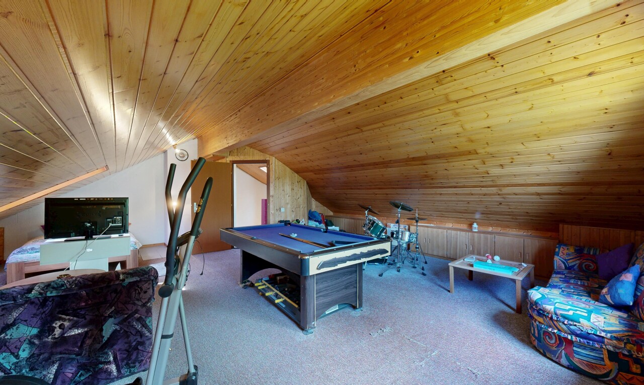 home office featuring a vaulted wood ceiling, pool table, carpet, and wood walls