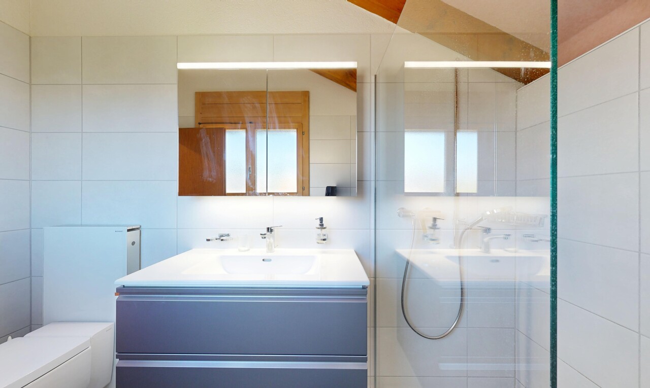 bad mit dusche, komplettes badezimmer, spiegel, toilette, und tile wall