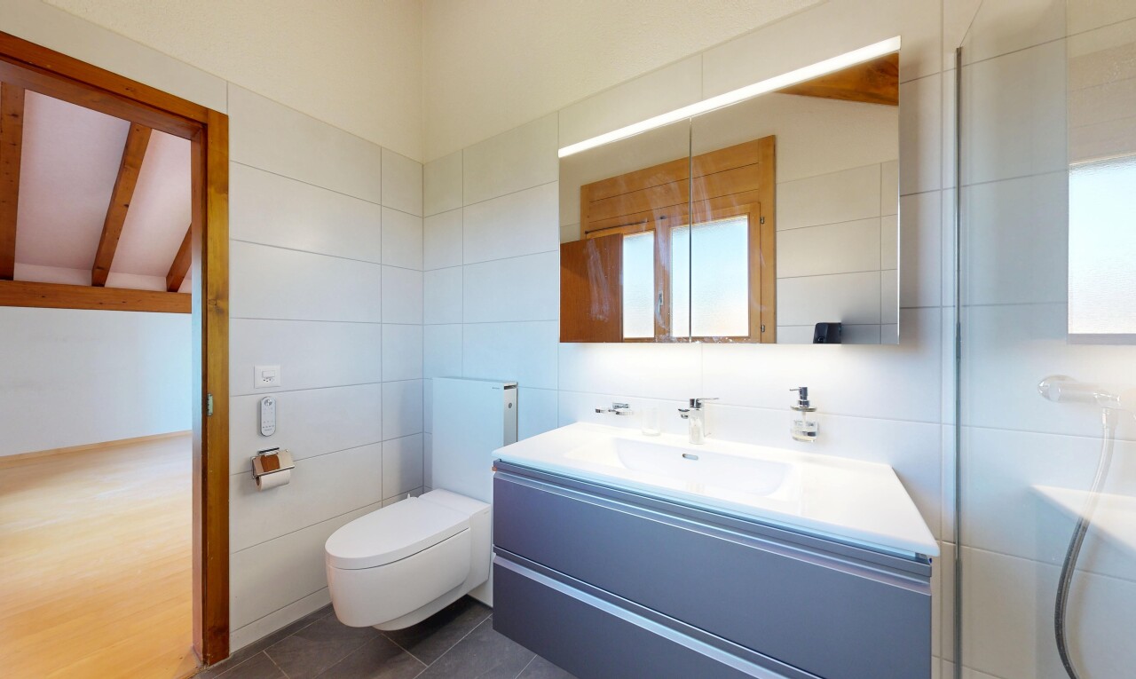 bad mit schminktisch, tile wall, fliesenwand, komplettes badezimmer, und spiegel
