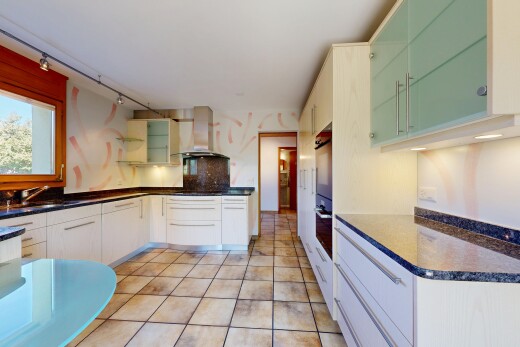 küche mit dark countertops, dunstabzugshaube, light floor, offene regale, und open shelves
