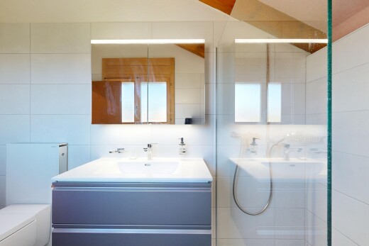 bad mit dusche, komplettes badezimmer, spiegel, toilette, und tile wall