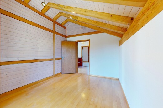 leerer raum mit deckenbeleuchtung, high end ceiling, vaulted ceiling, dachschräge, und beamed ceiling