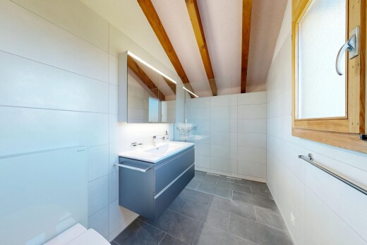 bad mit schminktisch, spiegel, toilette, tile wall, und fliesenwand