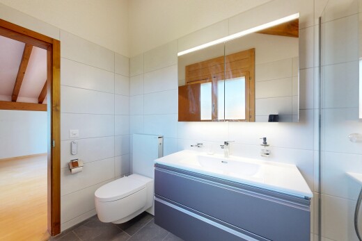 bad mit schminktisch, tile wall, fliesenwand, komplettes badezimmer, und spiegel