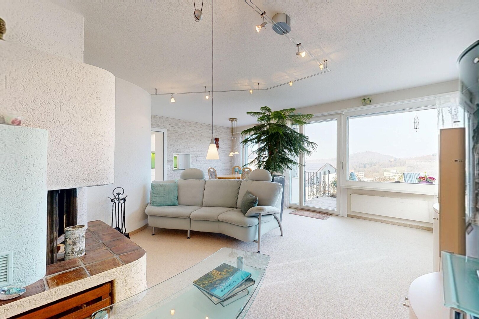 salon avec inside property, moquette, carpet, éclairage sur rail, et track lighting