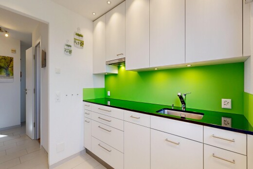 küche mit arbeitsplatten, dark countertops, inside property, weiße schränke, und white cabinets