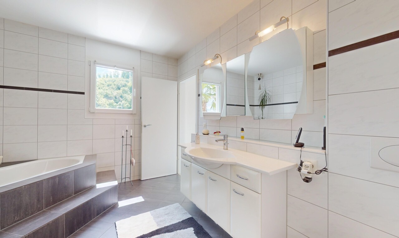salle de bains avec tile wall, mur en carrelage, natural light, lumière naturelle, et lavabo (ou coiffeuse selon le contexte)
