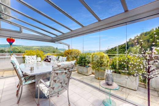 terrasse mit essbereich im freien, from property, day time, pergola, und terrasse