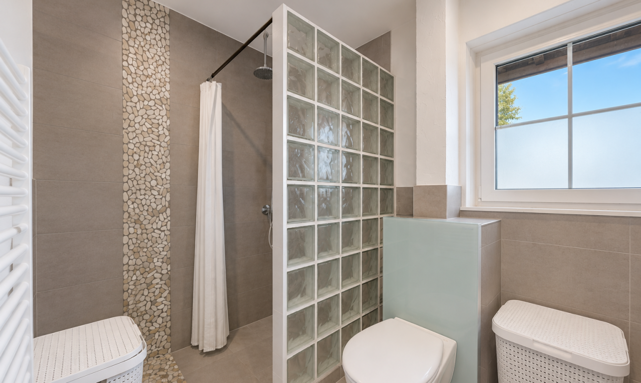 salle de bains avec mur en carrelage, tile wall, douche, salle de bain complète, et toilette
