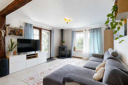 salon avec poêle à bois, télévision, drywall, cloison sèche, et light floor