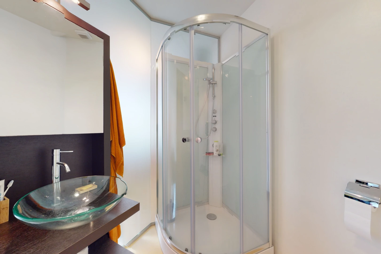 salle de bains avec vasque, porte de douche, miroir, meuble-lavabo, et douche
