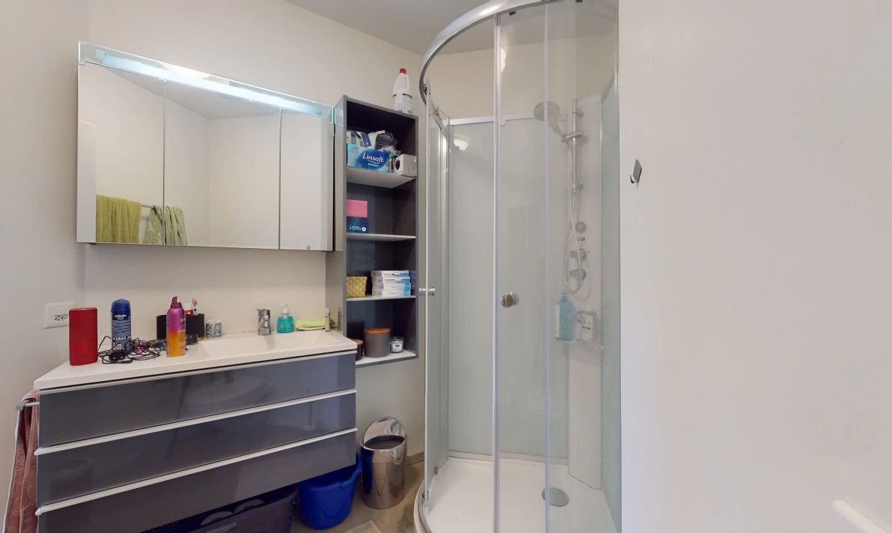salle de bains avec porte de douche, meuble-lavabo, vasque, douche, et miroir
