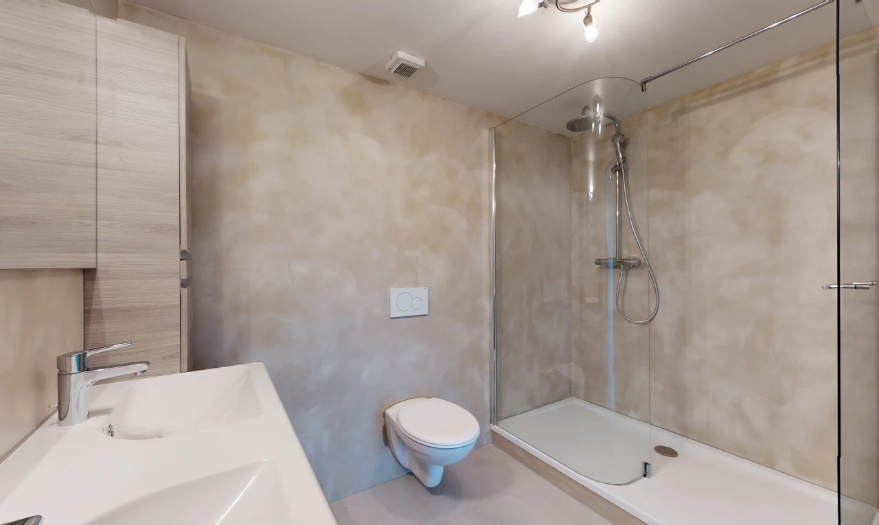 salle de bains avec vasque, toilettes, double vasque, miroir, meuble-lavabo, et douche