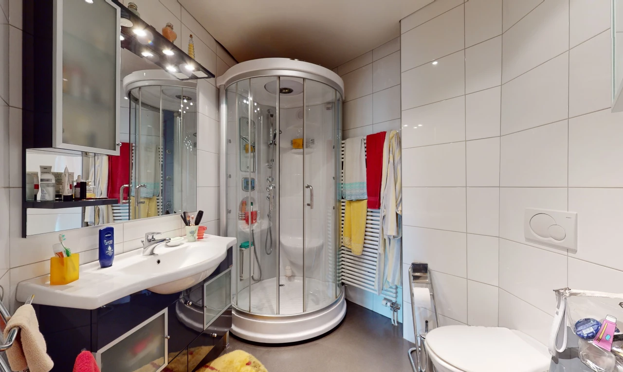 salle de bains avec vasque, toilettes, porte de douche, miroir, et douche