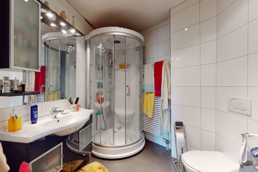 vollbad mit dusche mit duschenentür, waschbecken, toilette und spiegel