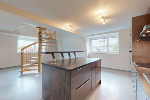 küche mit viel natürlichen licht, elektrischem kochfeld, lüftungshaube und helle böden