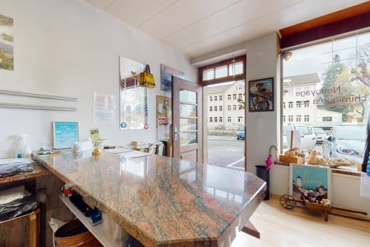 cuisine avec bar, parquet, lumière naturelle, sol clair, plan de travail foncé, et plan de travail en pierre