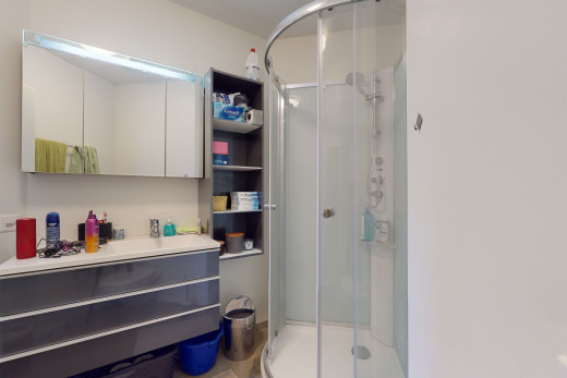 badezimmer mit spiegel, dusche mit duschtür und waschtisch