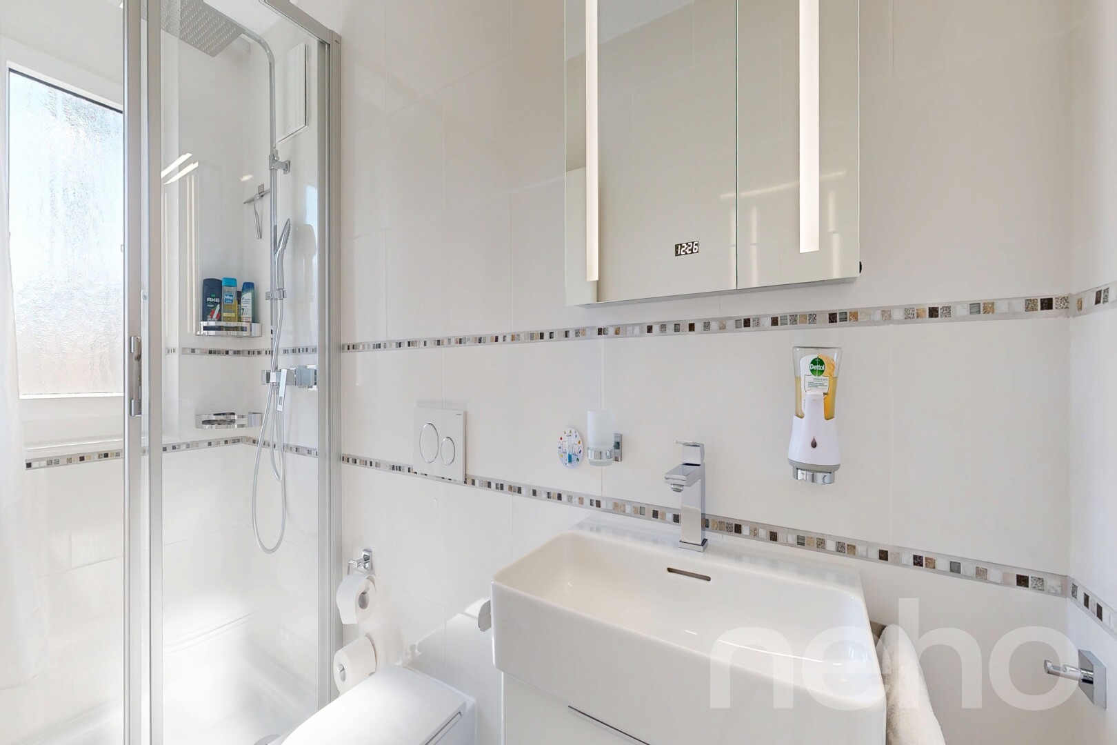 salle de bains avec toilette, natural light, lumière naturelle, miroir, et salle de bain complète