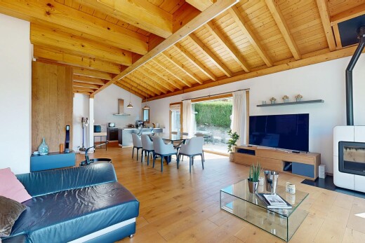 salon / salle à manger avec vaulted ceiling, plafond voûté, poêle à bois, télévision, et wood finish floor