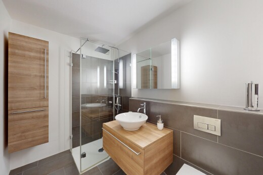 bad mit spiegel, komplettes badezimmer, dusche, schminktisch, und inside property