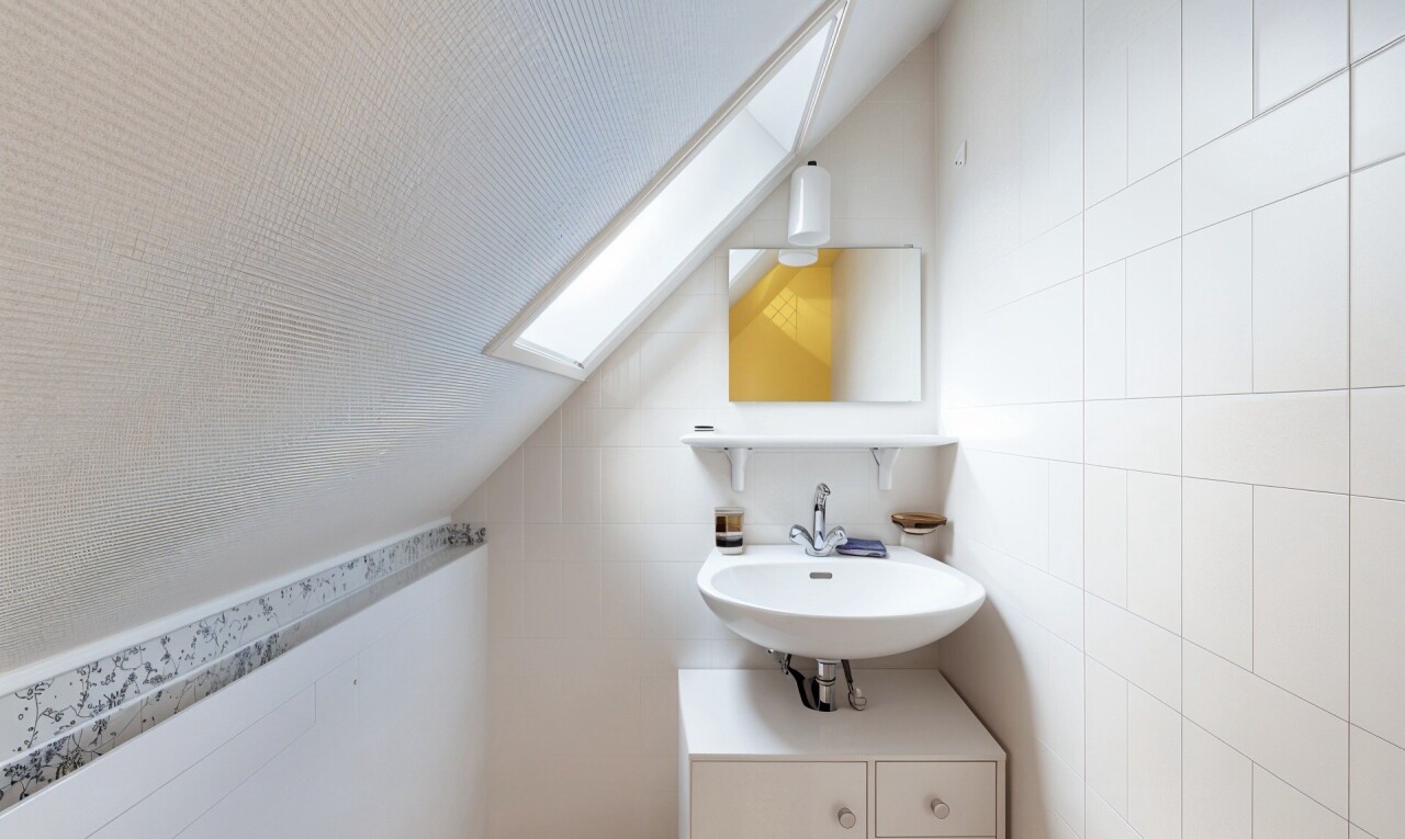 salle de bains avec puits de lumière, mur en carrelage, tile wall, miroir, et lavabo (ou coiffeuse selon le contexte)
