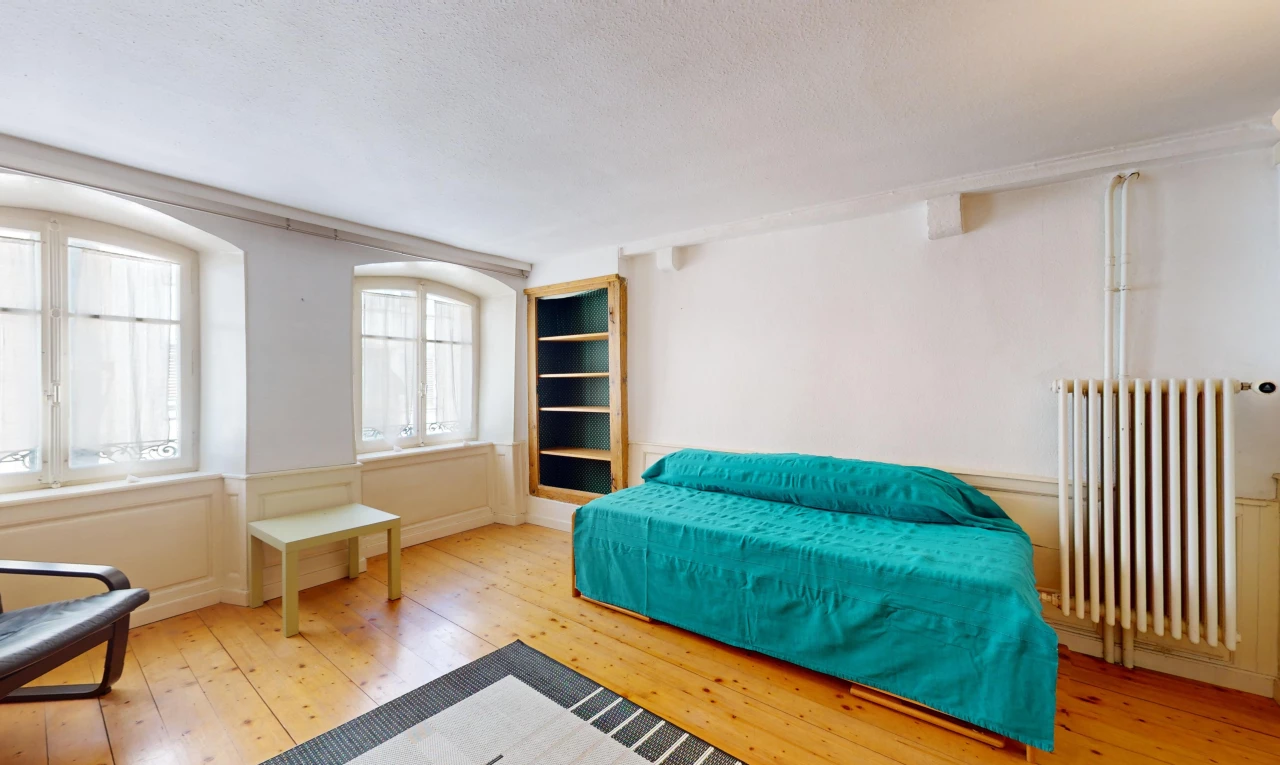 chambre avec plancher de bois, radiateur, et lumière naturelle