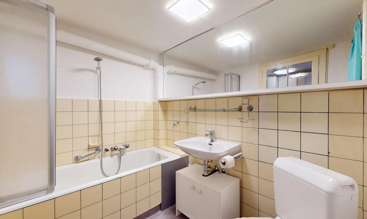 salle de bain avec miroir, vasque, toilettes, et mur carrelé