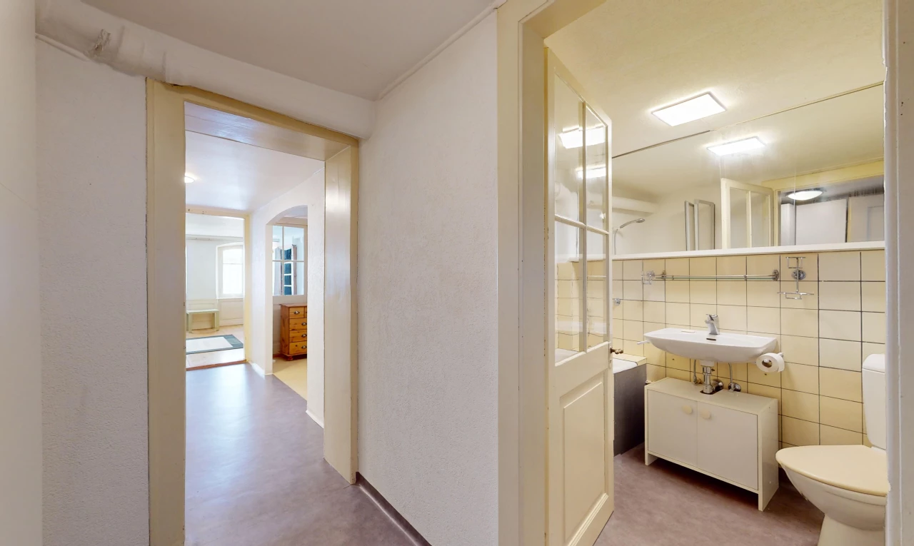 espace intérieur avec vasque, mur carrelé, toilettes, et miroir