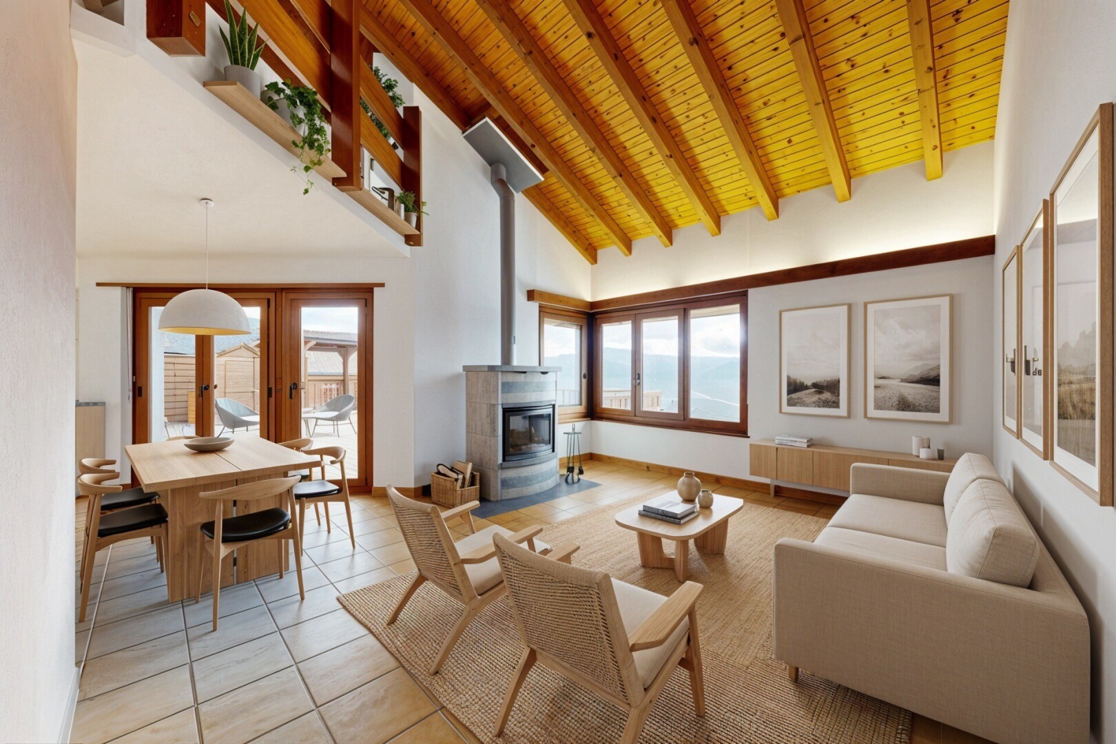 wohnzimmer mit holzofen, high ceiling, hohe decke, inside property, und tile floor