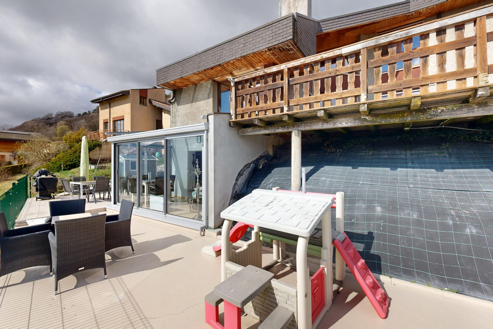 terrasse mit essbereich im freien, overcast, terrasse, und wintergarten