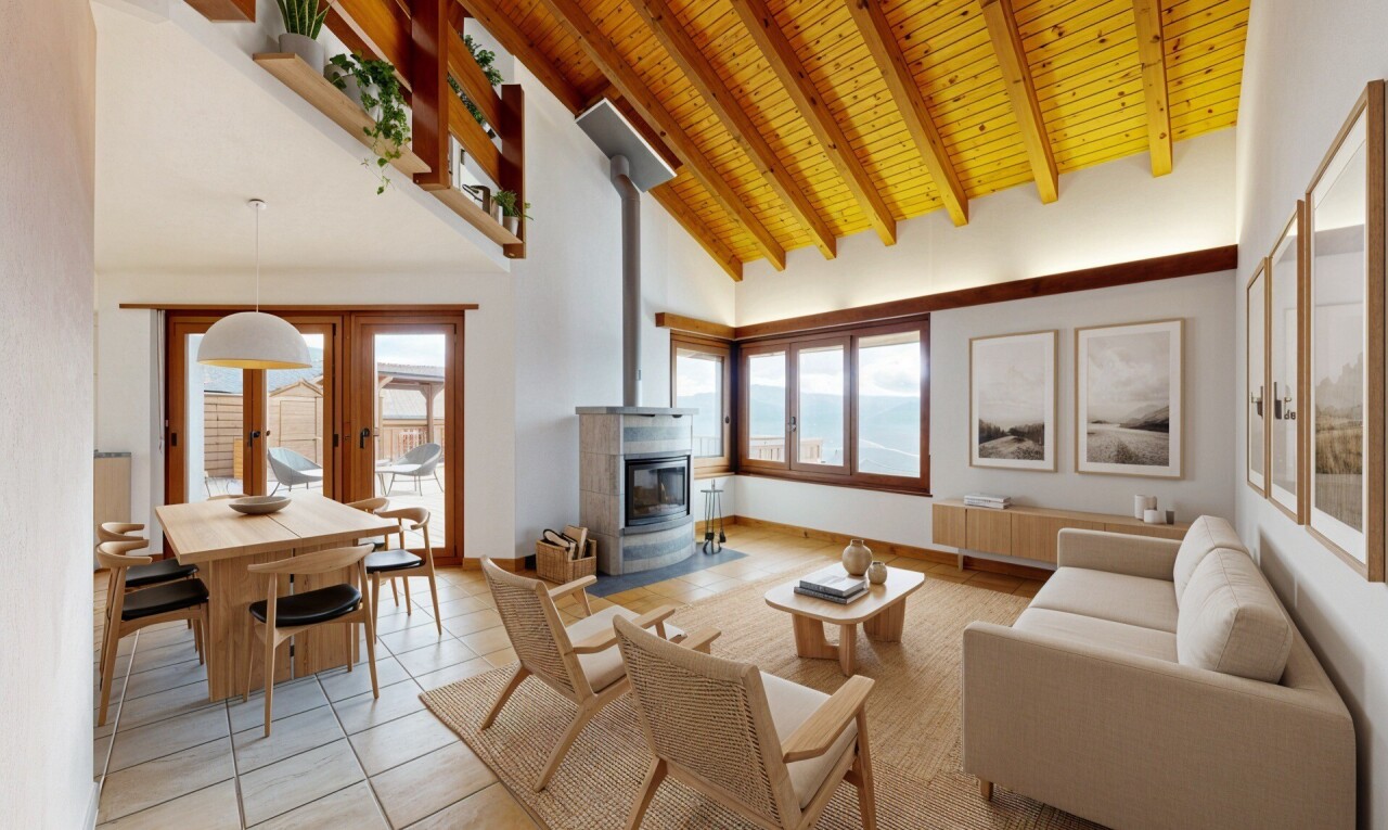 wohnzimmer mit holzofen, high ceiling, hohe decke, inside property, und tile floor