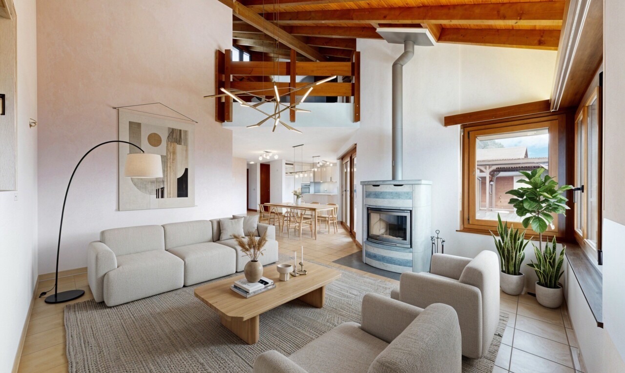 wohnzimmer mit balkendecke, beamed ceiling, holzofen, inside property, und gipskartonwand