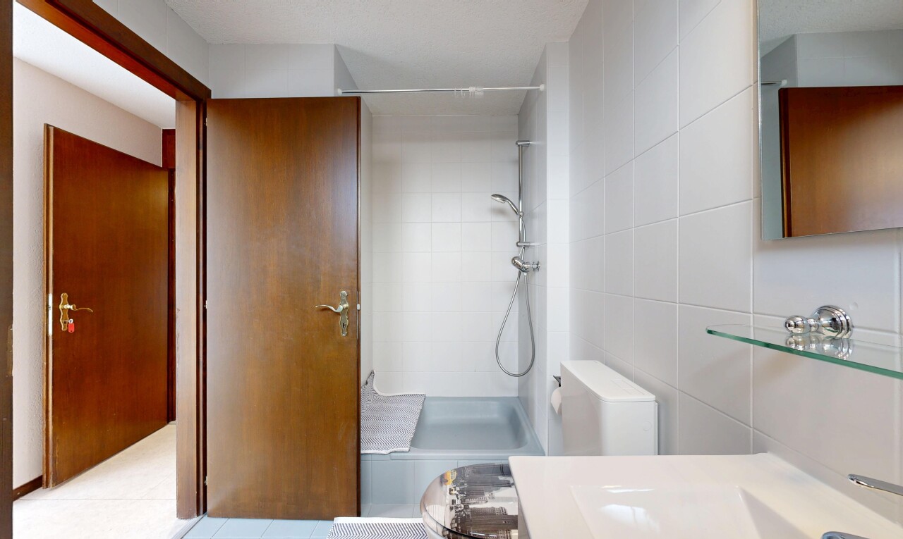 bad mit dusche, komplettes badezimmer, inside property, spiegel, und toilette