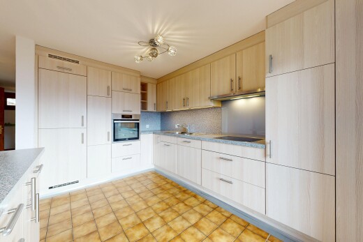 kitchen with stainless steel oven, tasteful backsplash, light countertops, and open shelves
