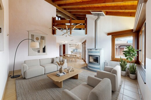 wohnzimmer mit balkendecke, beamed ceiling, holzofen, inside property, und gipskartonwand