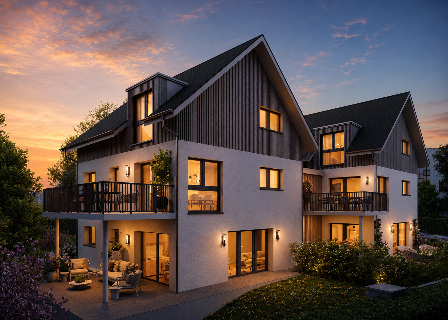 outdoor house at dusk with outdoor lounge area, a balcony, board and batten siding, and a patio