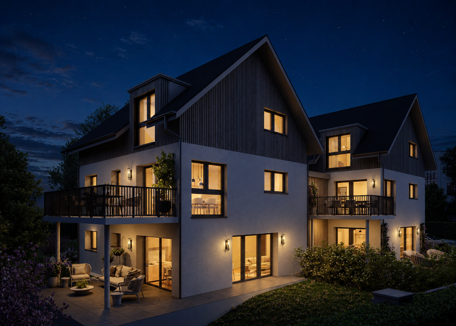 view of property with outdoor lounge area, a balcony, a patio, and board and batten siding