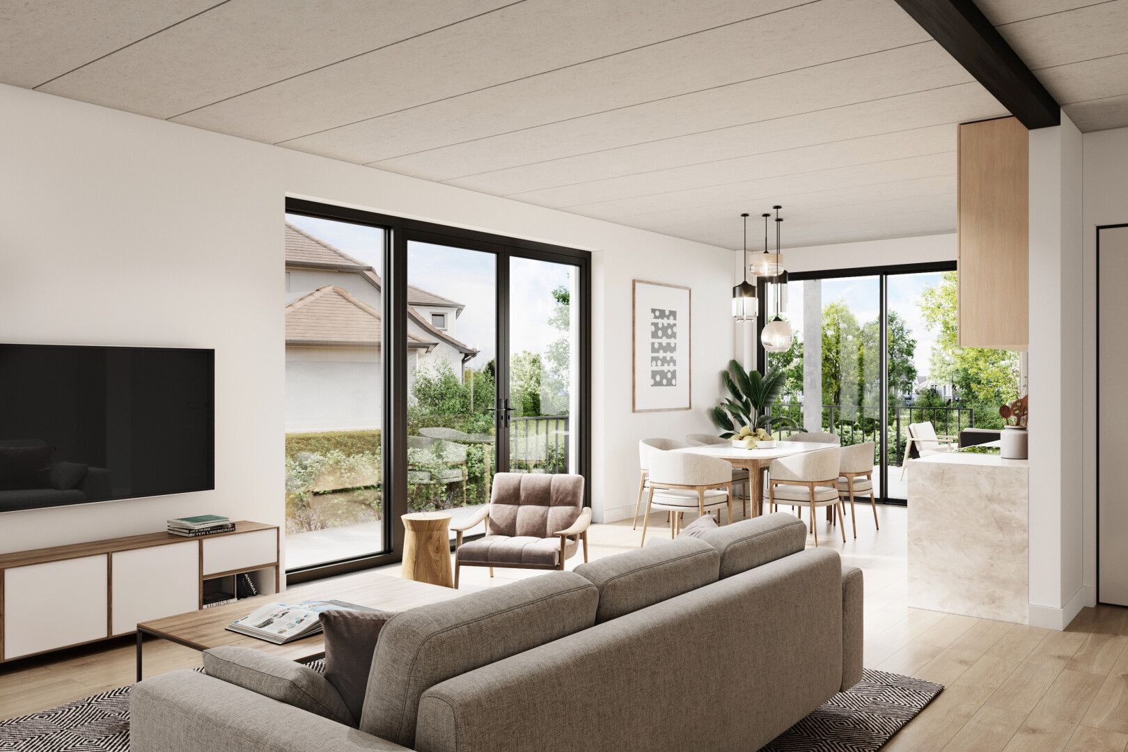 living room with light wood finished floors and beamed ceiling