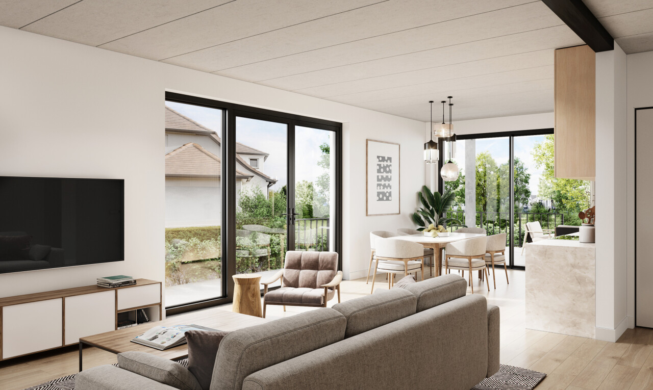 living room with light wood finished floors and beamed ceiling