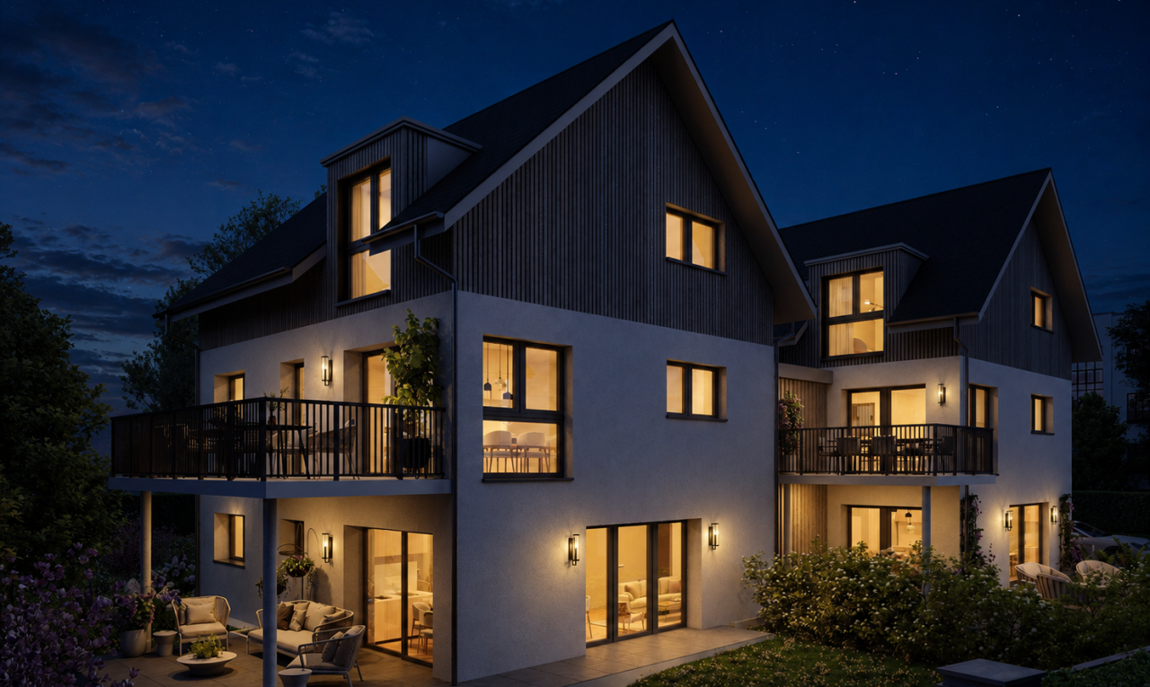view of property with outdoor lounge area, a balcony, a patio, and board and batten siding