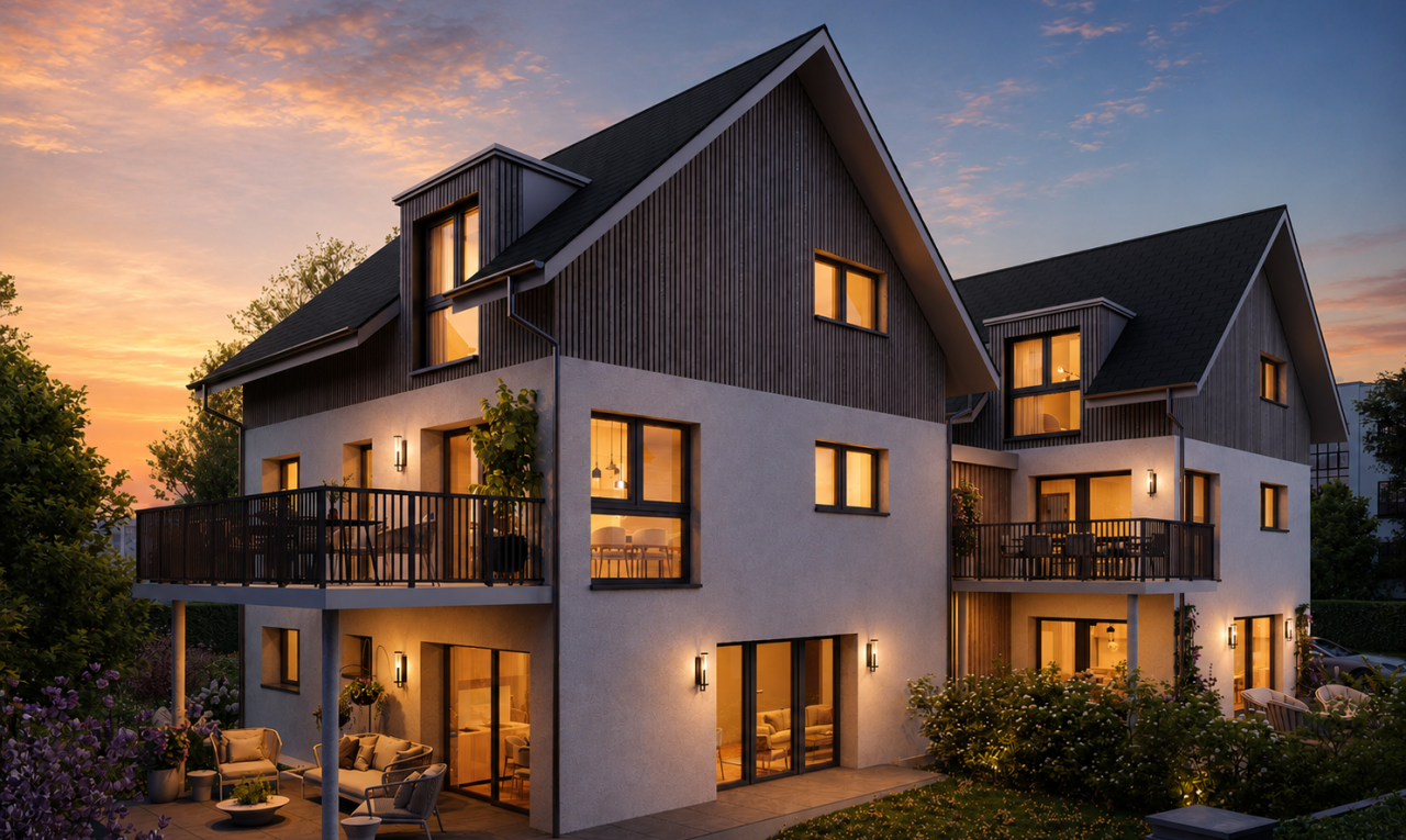 outdoor house at dusk with outdoor lounge area, a balcony, board and batten siding, and a patio